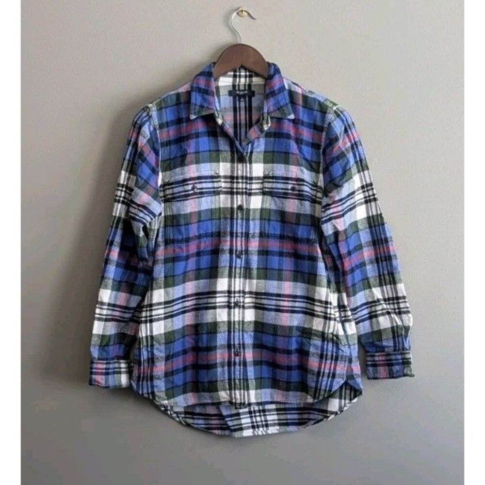 Madewell Womens Small Blue Green Plaid Button Up Shirt Cotton Flannel Pocket Top